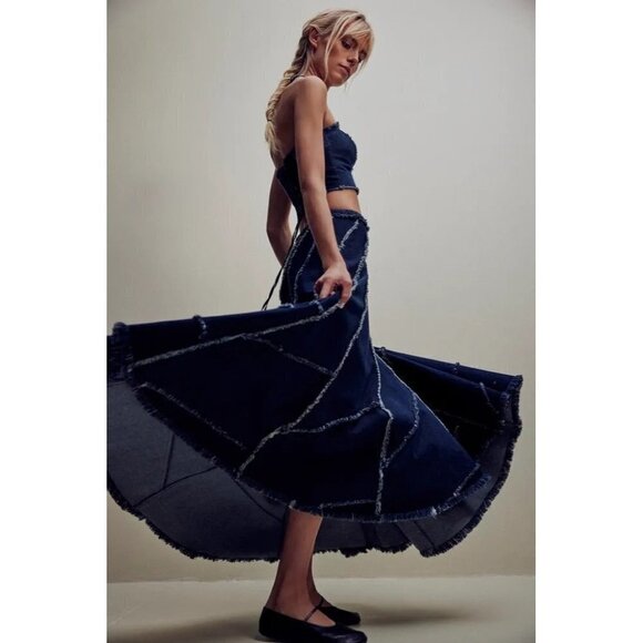 FREE PEOPLE FP One Safia Denim Maxi Skirt Crop Top Set Size 0 NWT $350 - Picture 1 of 10
